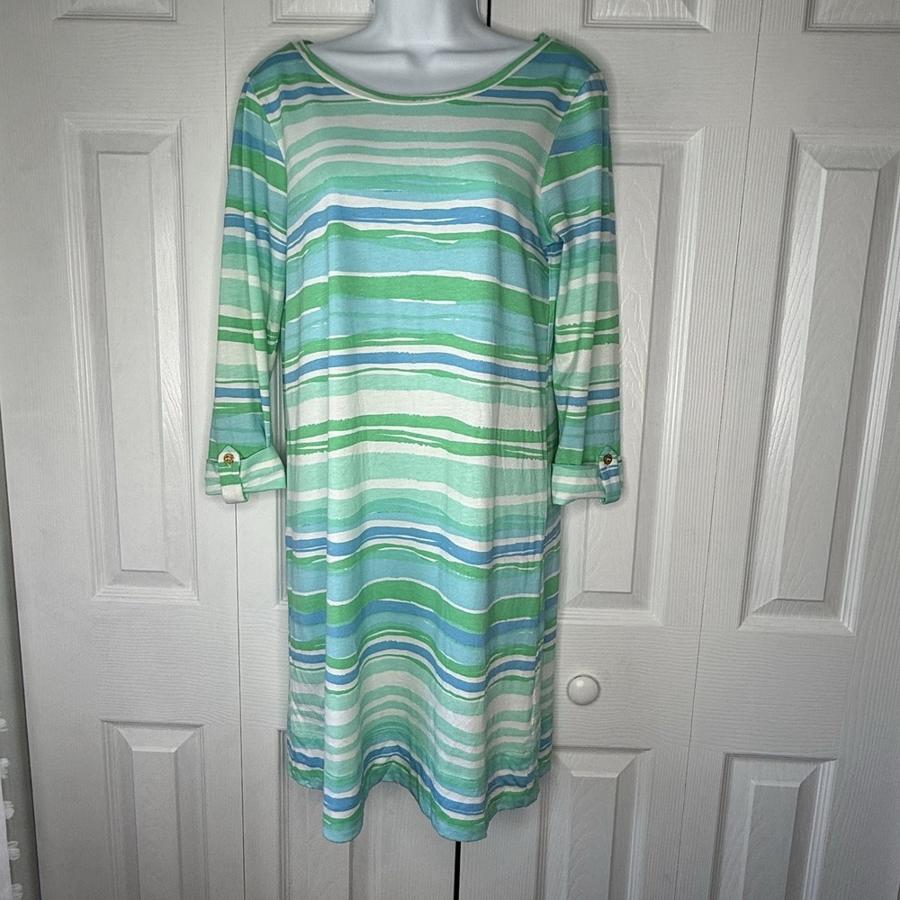 Lilly Pulitzer Linden Women's M‎ Dress Seaspray Blue Sea Stripe 100 Cotton✅